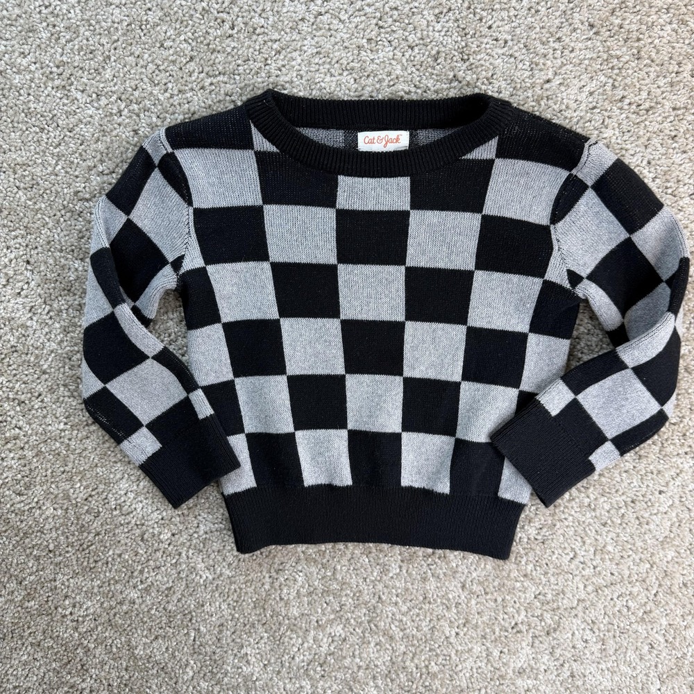 Cat & Jack Sweater Toddler Boys 2T Black Gray Check Knit Pullover Crew Neck